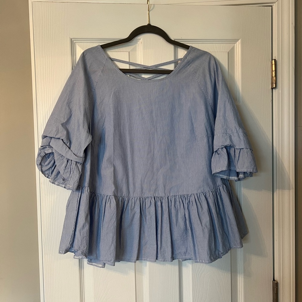 George - Blue/White Stripe Peplum Top - Size UK18/US14
